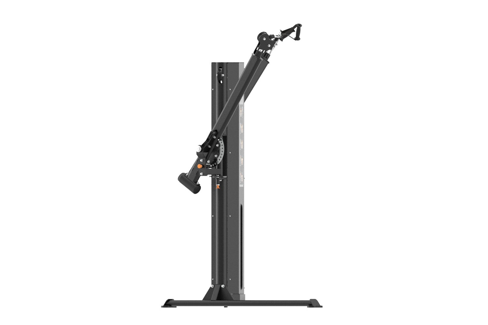 Black commercial dual-arm functional trainer with adjustable arms and orange accent details, shown on white background