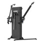 Black dual-arm functional trainer with adjustable arms, cable system, and weight stack on white background