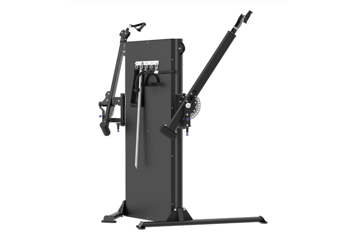 Black dual-arm functional trainer with adjustable arms, cable system, and weight stack on white background