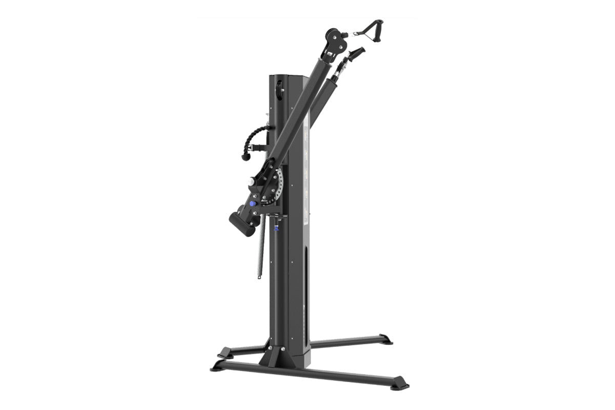Black dual-arm functional trainer with vertical post, adjustable weight stack, and dual cable arms on white background