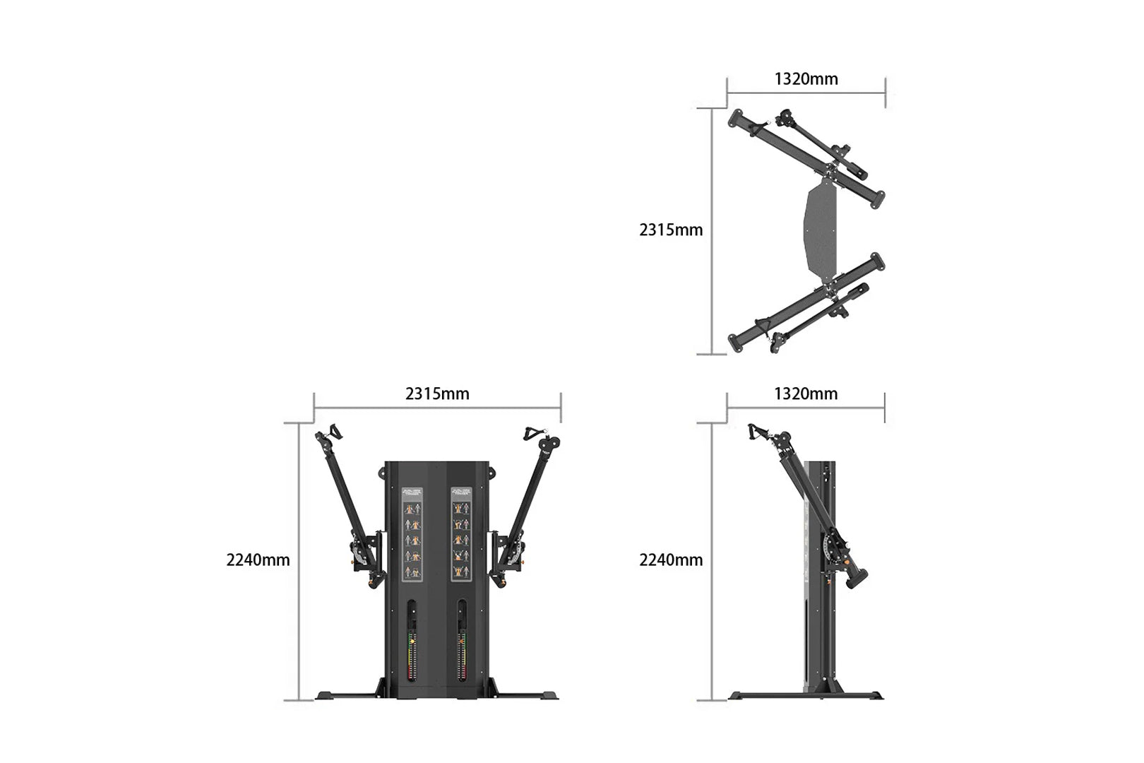 Warrior Elite Commercial Series Dual-Arm Functional Trainer with dimension specifications, front and side views showing black