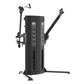 Black commercial dual-arm functional trainer with adjustable pulleys, instruction panels, and wide base on white background