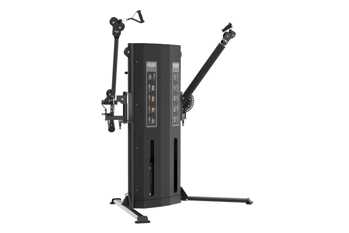 Black commercial dual-arm functional trainer with adjustable pulleys, instruction panels, and wide base on white background