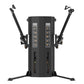 Black commercial dual-arm functional trainer with adjustable telescoping arms, pin-loaded weight stacks, and exercise illustr
