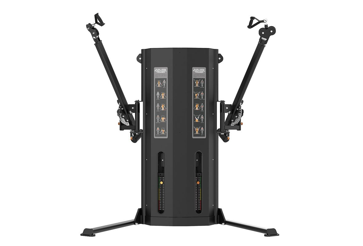 Black commercial dual-arm functional trainer with adjustable telescoping arms, pin-loaded weight stacks, and exercise illustr