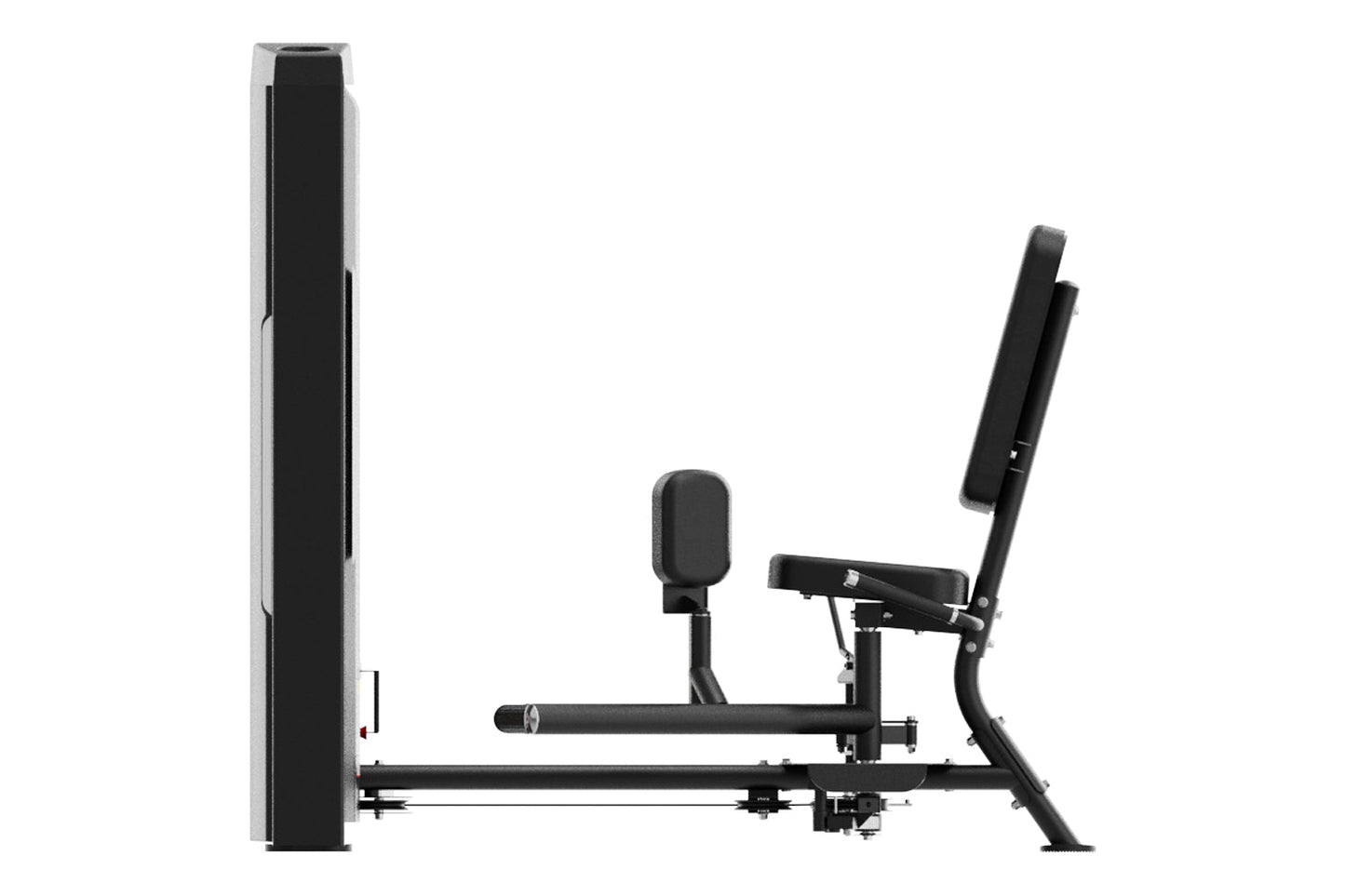 Black and silver commercial hip abduction and adduction machine with padded seat and leg extension arms, shown in side profil