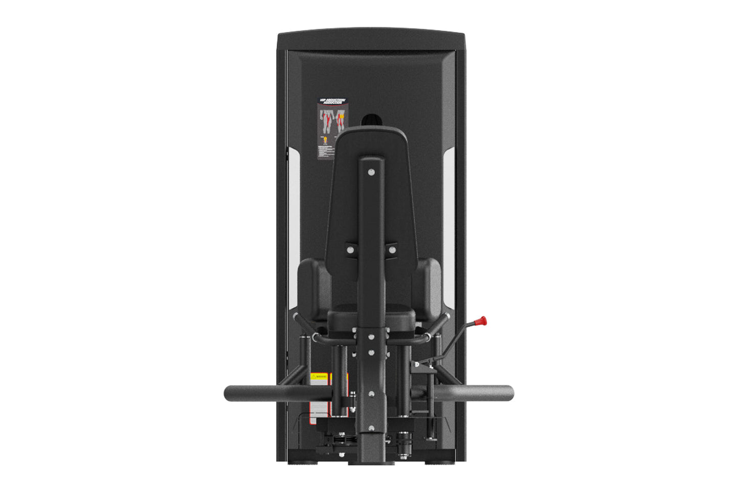 Black commercial hip abduction/adduction machine with padded seat, metal frame, and horizontal lever arms on white background
