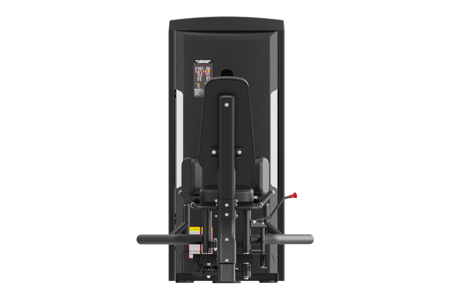 Black commercial hip abduction/adduction machine with padded seat, metal frame, and horizontal lever arms on white background