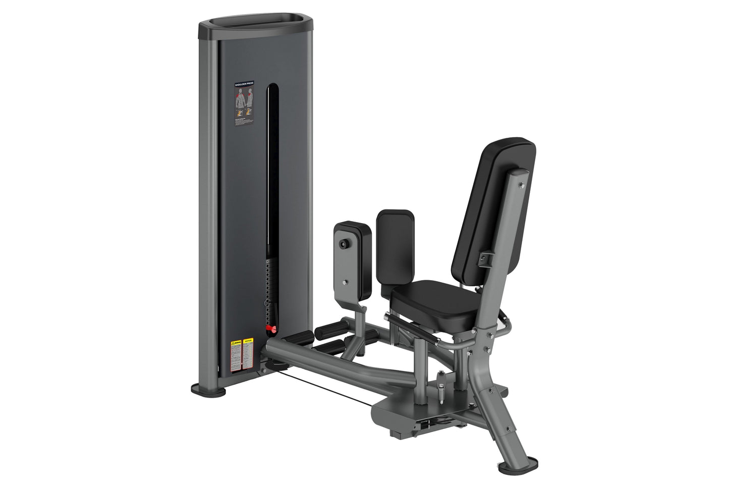 Warrior Deluxe Commercial Hip Abduction Adduction machine with gray frame, black seat and back pad, dual resistance arms, on 