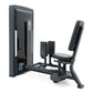 Black commercial hip abduction and adduction machine with padded seat and backrest, digital display panel, on white backgroun
