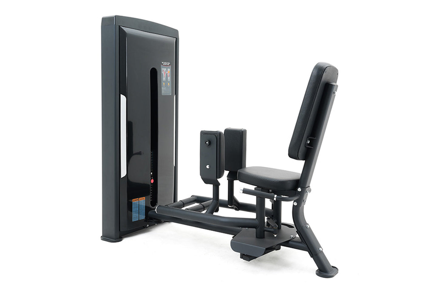 Black commercial hip abduction and adduction machine with padded seat and backrest, digital display panel, on white backgroun