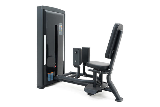 Black commercial hip abduction and adduction machine with padded seat and backrest, digital display panel, on white backgroun