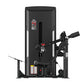 Black commercial hip thruster machine with adjustable seat, leg press attachment, and weight stack on white background
