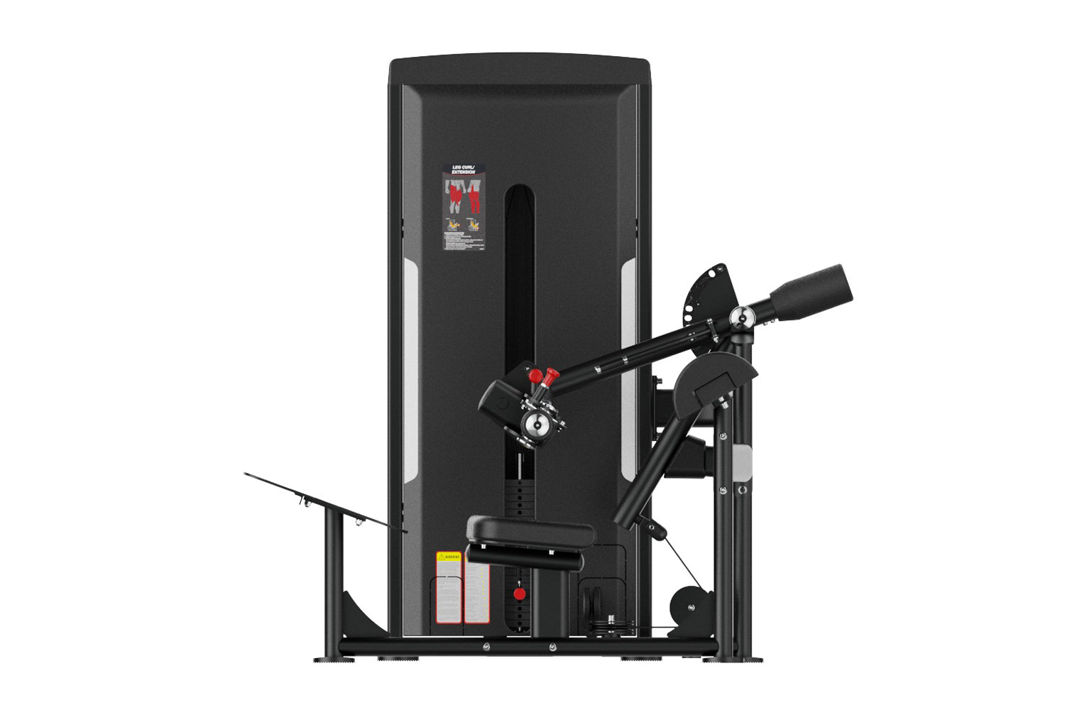 Black commercial hip thruster machine with adjustable seat, leg press attachment, and weight stack on white background