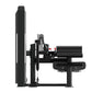 Black commercial hip thruster machine with tall backrest, padded seat, and barbell holder, shown from side profile on white b