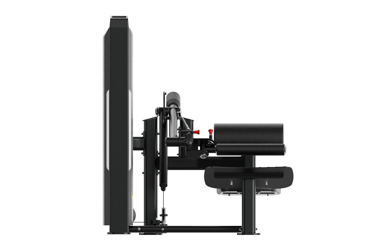 Black commercial hip thruster machine with tall backrest, padded seat, and barbell holder, shown from side profile on white b