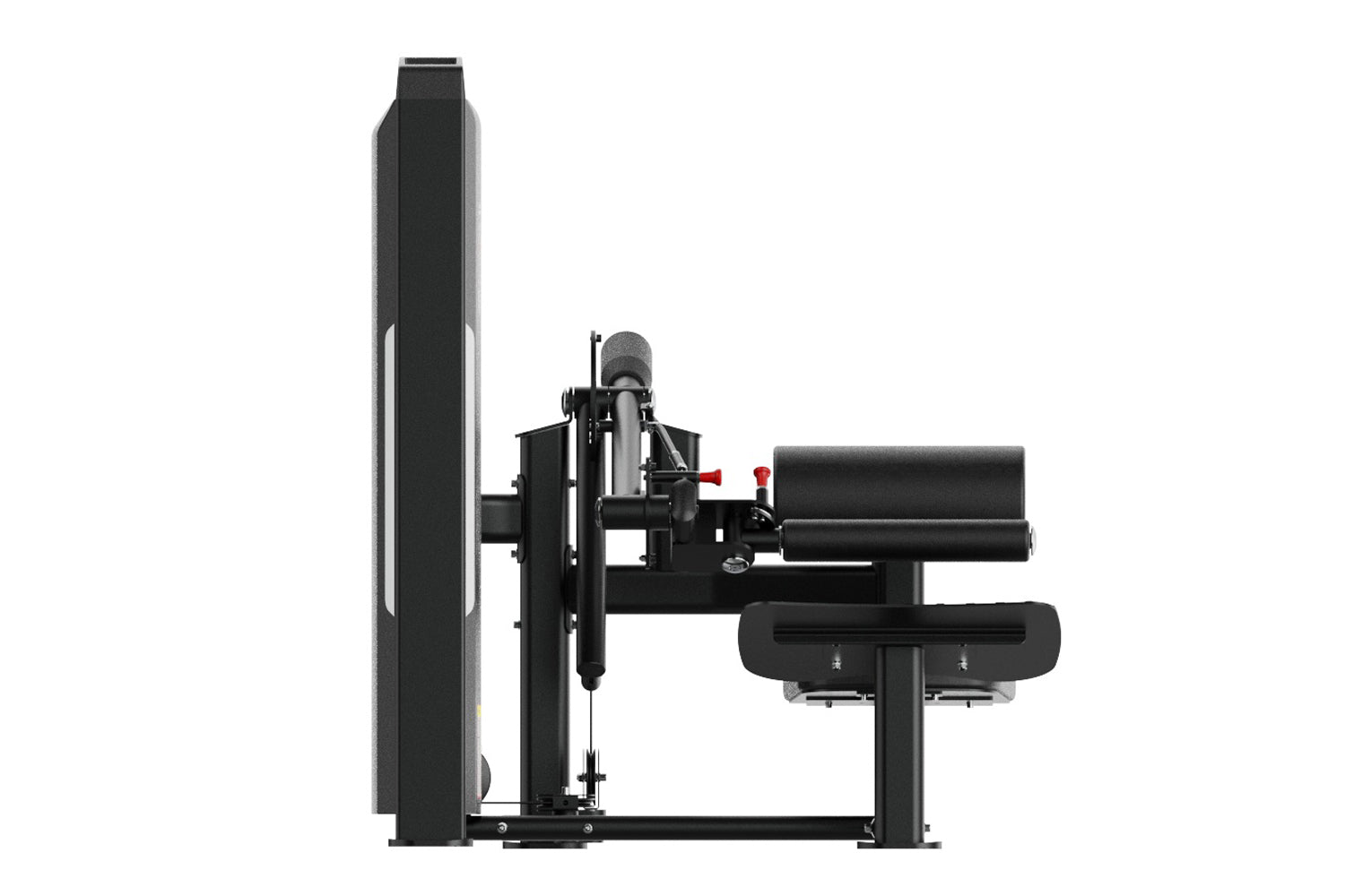 Black commercial hip thruster machine with tall backrest, padded seat, and barbell holder, shown from side profile on white b