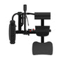 Black electric scooter with padded seat, handlebars, and footrest on white background
