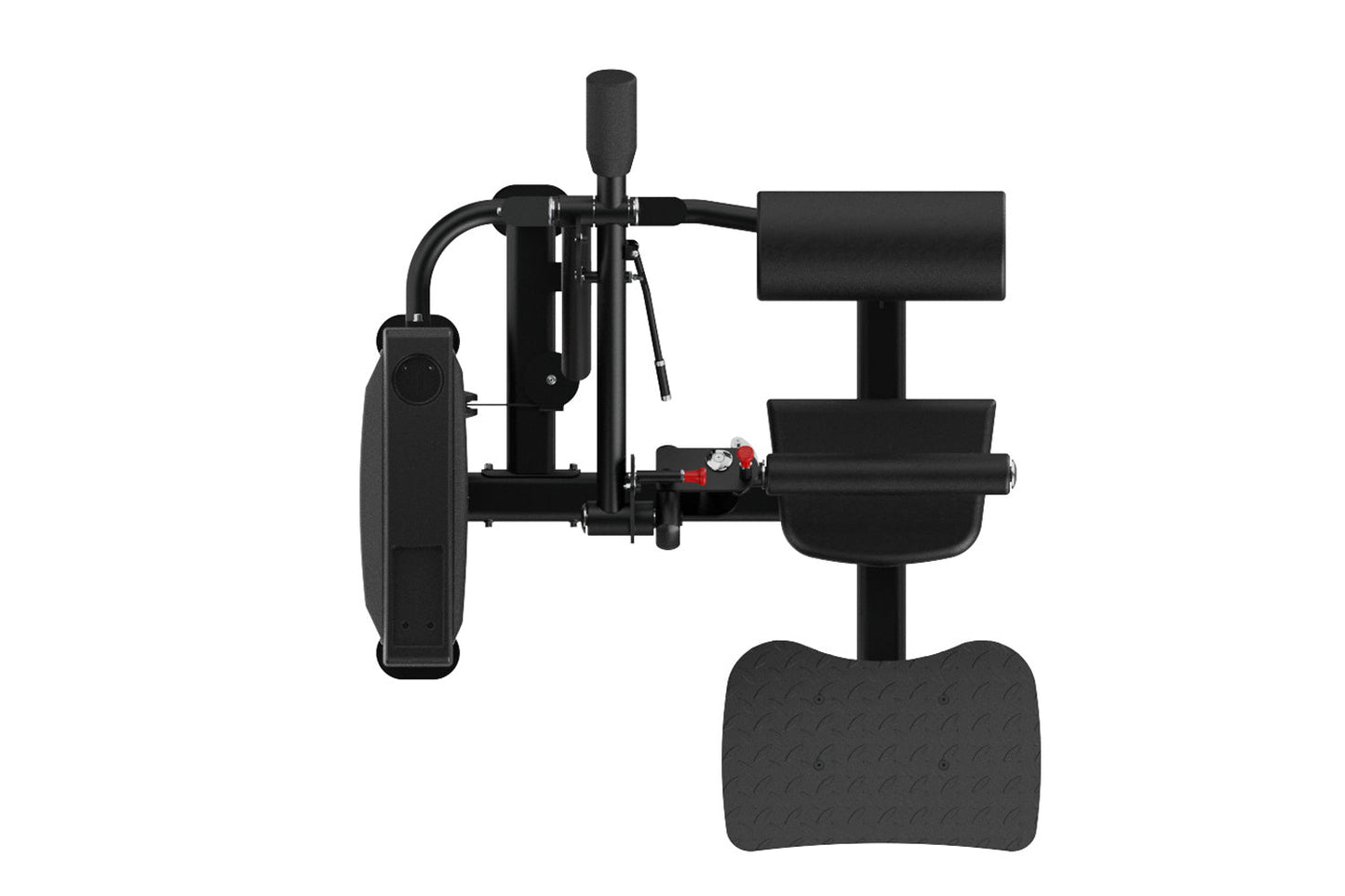 Black electric scooter with padded seat, handlebars, and footrest on white background