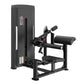 Black commercial hip thruster machine with padded seat, leg platform, and backrest on white background