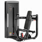 Black commercial chest press machine with padded seat and handles, red adjustment levers, on white background