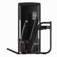 Black commercial chest press machine with dual adjustable arms, instruction panel, and red accent details on white background