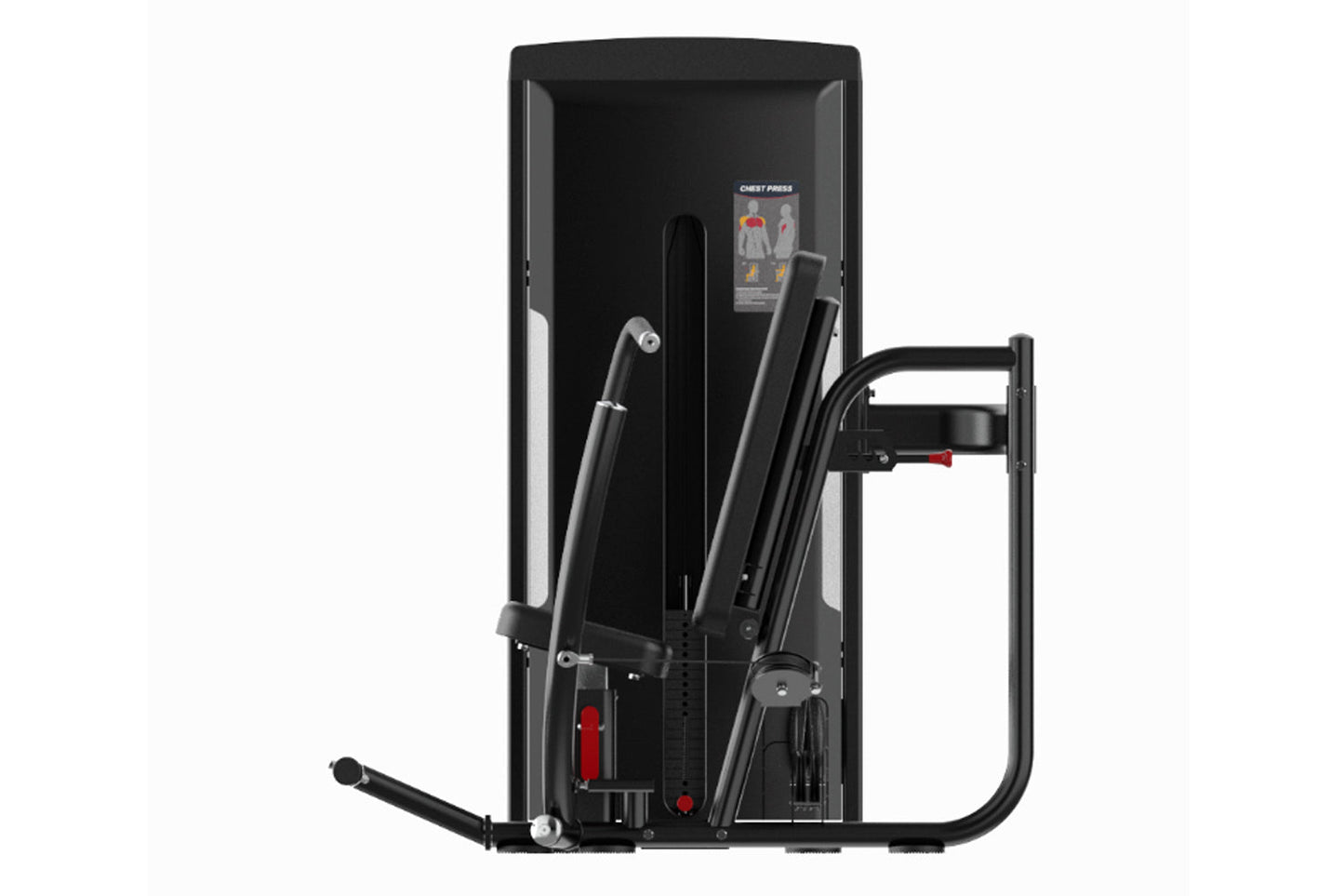 Black commercial chest press machine with dual adjustable arms, instruction panel, and red accent details on white background