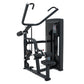 Black commercial lat pulldown machine with curved handles, digital display console, and padded seat on white background