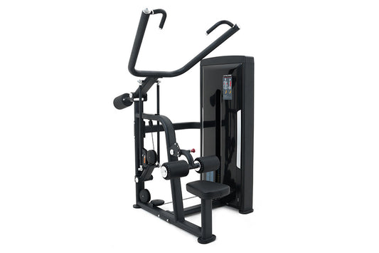 Black commercial lat pulldown machine with curved handles, digital display console, and padded seat on white background