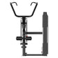 Black commercial lat pulldown machine with curved handlebar, weight plate stack, and foot platform on white background