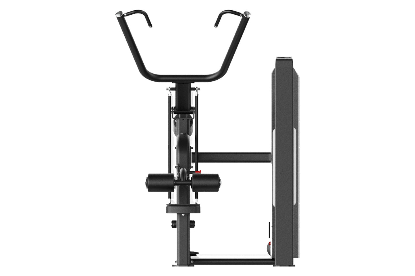 Black commercial lat pulldown machine with curved handlebar, weight plate stack, and foot platform on white background