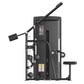 Black commercial lat pulldown machine with adjustable arm, seat, and weight stack on white background