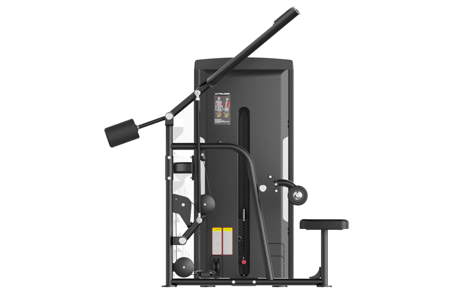 Black commercial lat pulldown machine with adjustable arm, seat, and weight stack on white background