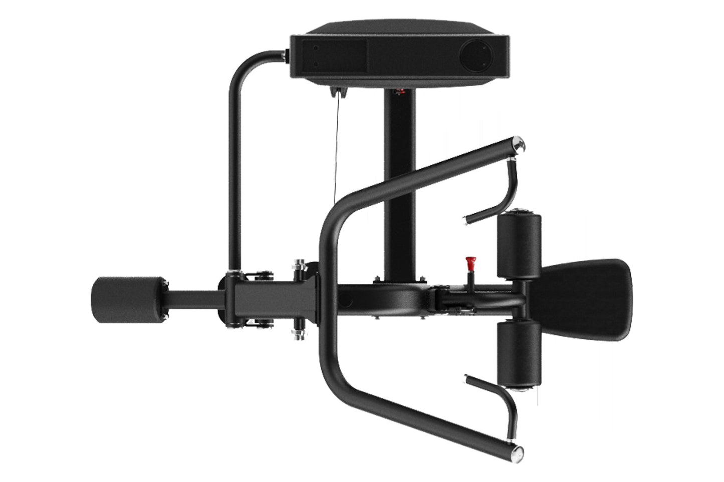 Black commercial lat pulldown machine with curved handles, digital display, and weight stack on white background