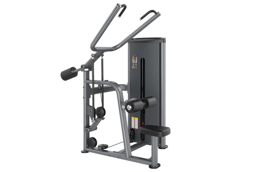 Warrior Deluxe Commercial Series Lat Pulldown machine with gray frame, black seat, and dual-handle mechanism on white backgro