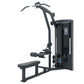 Black commercial lat pulldown and seated row machine with digital display, leg extension lever, and curved handlebar on white