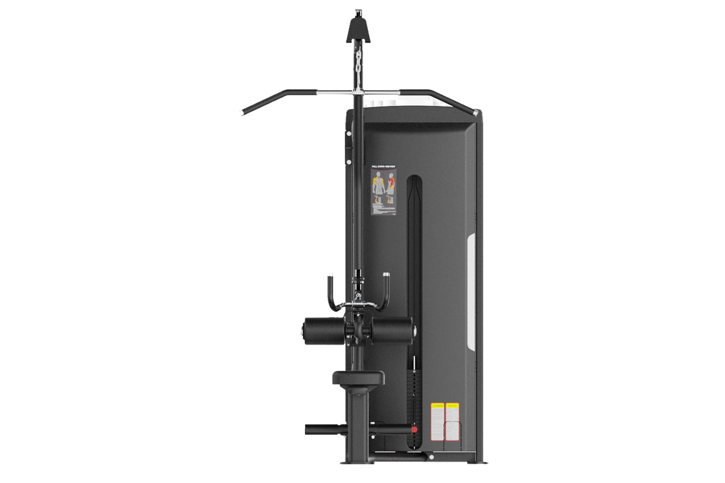 Black commercial dual-function lat pulldown and seated row machine with overhead pull-down bar and horizontal rowing handles 