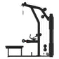 Black commercial lat pulldown and seated row machine with pulley system and weight stack on white background