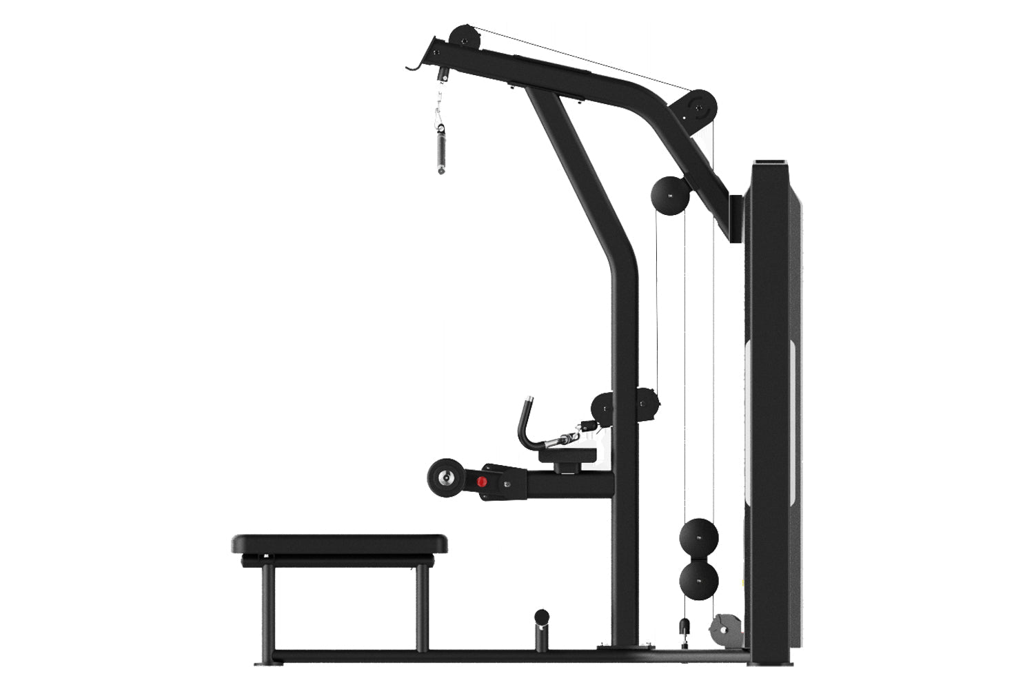 Black commercial lat pulldown and seated row machine with pulley system and weight stack on white background