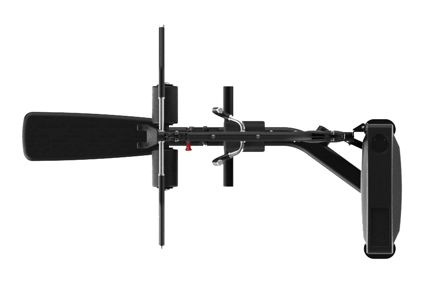 Black commercial lat pulldown and seated row machine with metal frame, black handles, and red adjustment pin on white backgro