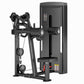 Black commercial lateral raise machine with dual handles, weight stack, and digital display on white background