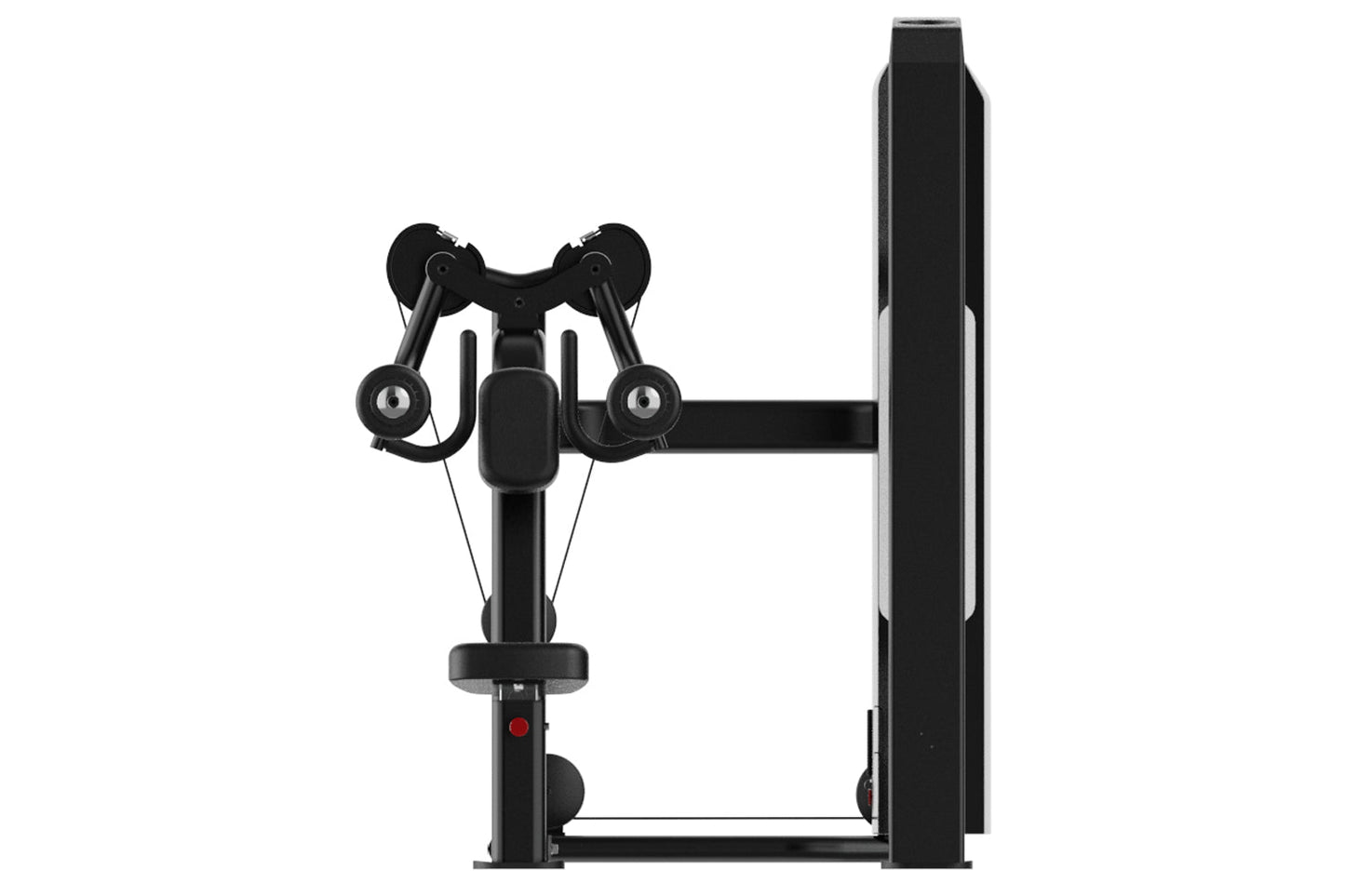 Black commercial lateral raise machine with dual weight arms, padded seat, and vertical frame on white background