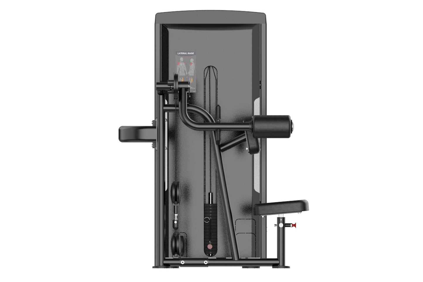 Black commercial lateral raise machine with digital display screen, dual handles, and instruction panel, viewed from front on