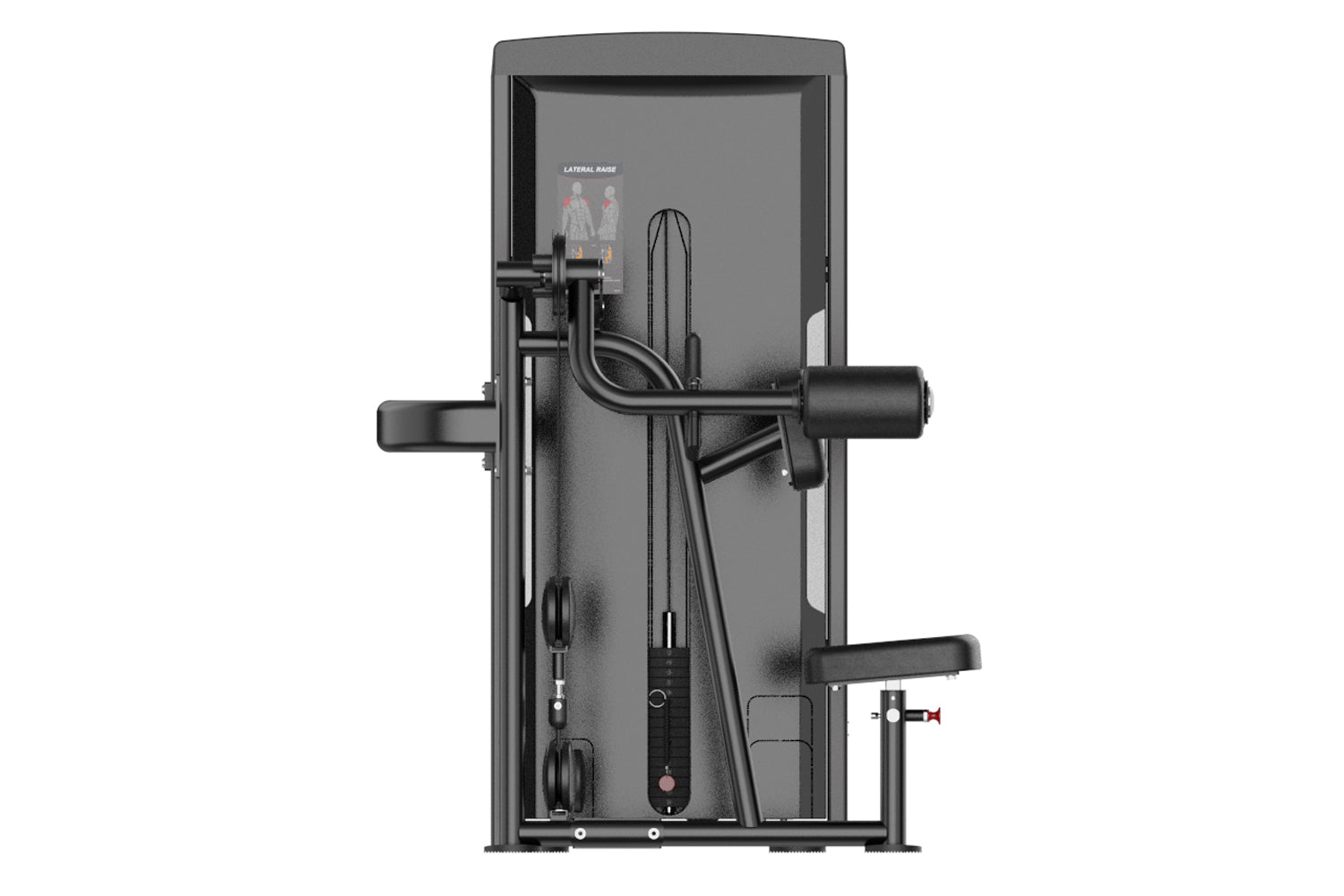 Black commercial lateral raise machine with digital display screen, dual handles, and instruction panel, viewed from front on