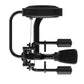 Black commercial lateral raise machine with curved frame, padded arm supports, and weight stack pegs on white background