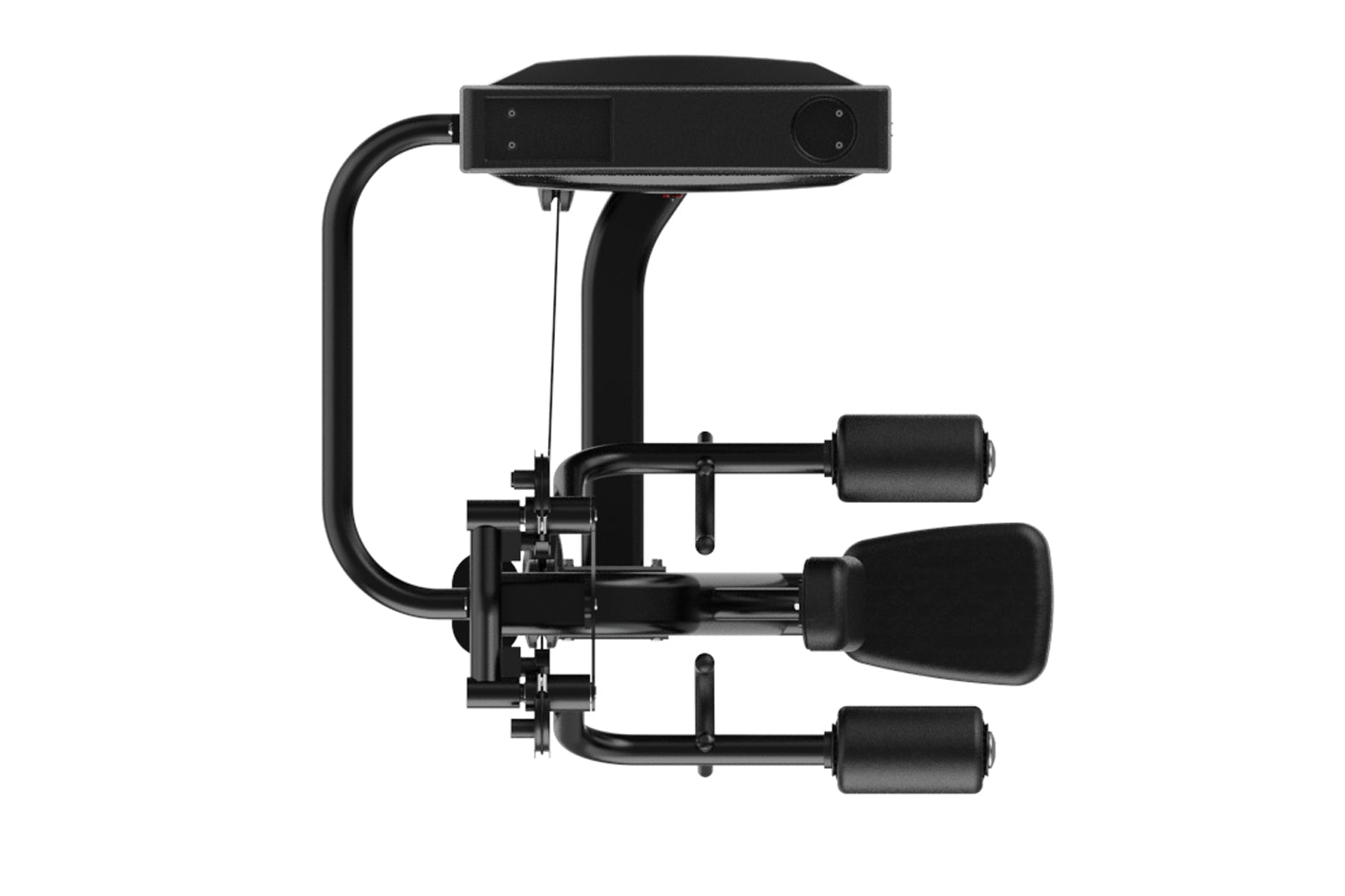 Black commercial lateral raise machine with curved frame, padded arm supports, and weight stack pegs on white background