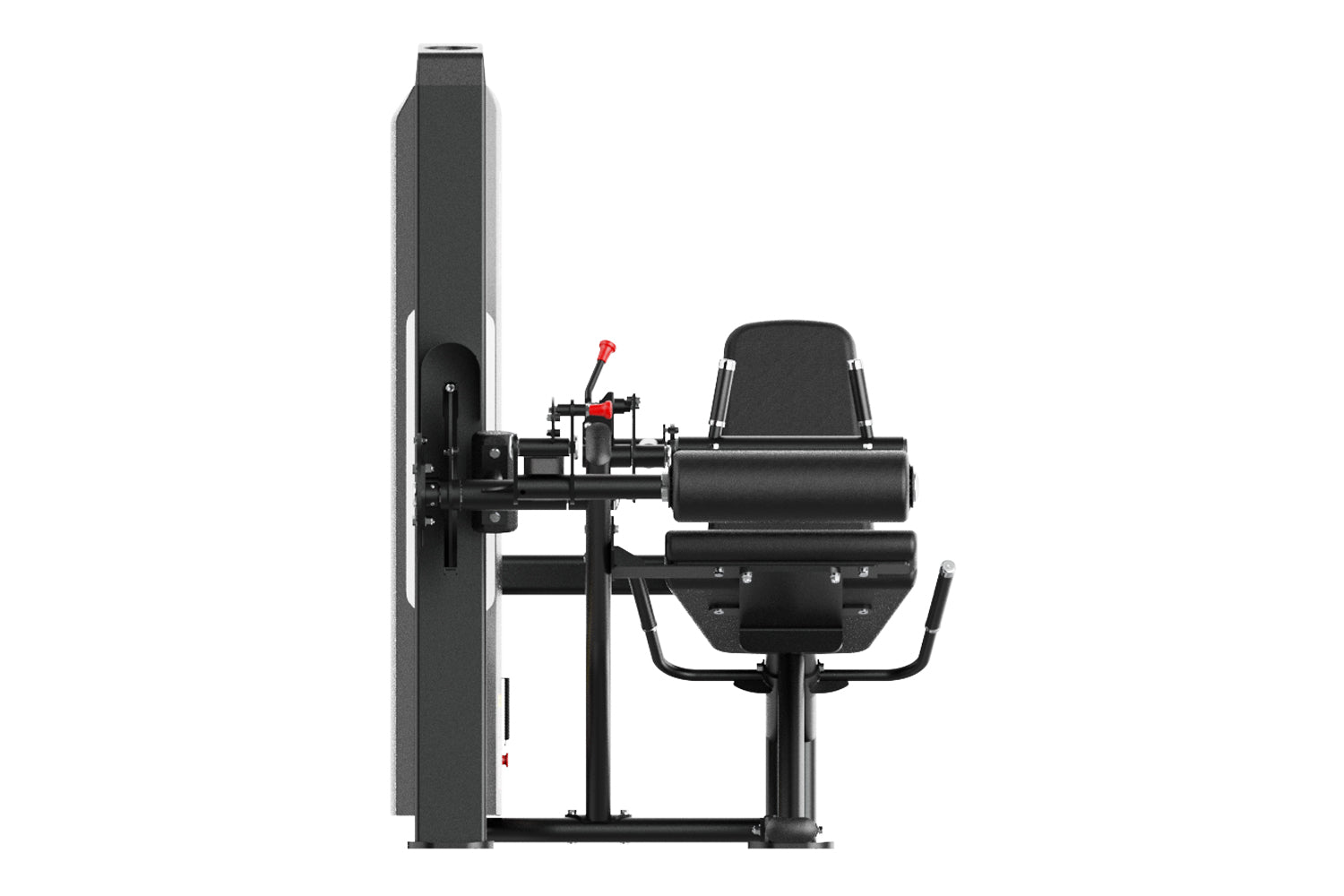 Black commercial leg curl machine with padded seat and backrest, cylindrical leg extension pad, weight stack on left side, an