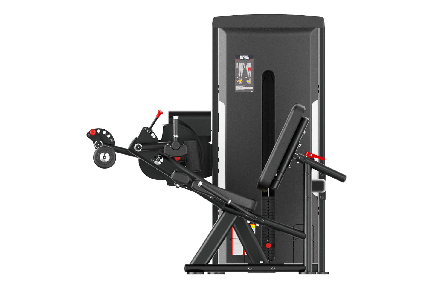 Black commercial leg curl machine with padded seat, footrest, and red accent handles on white background