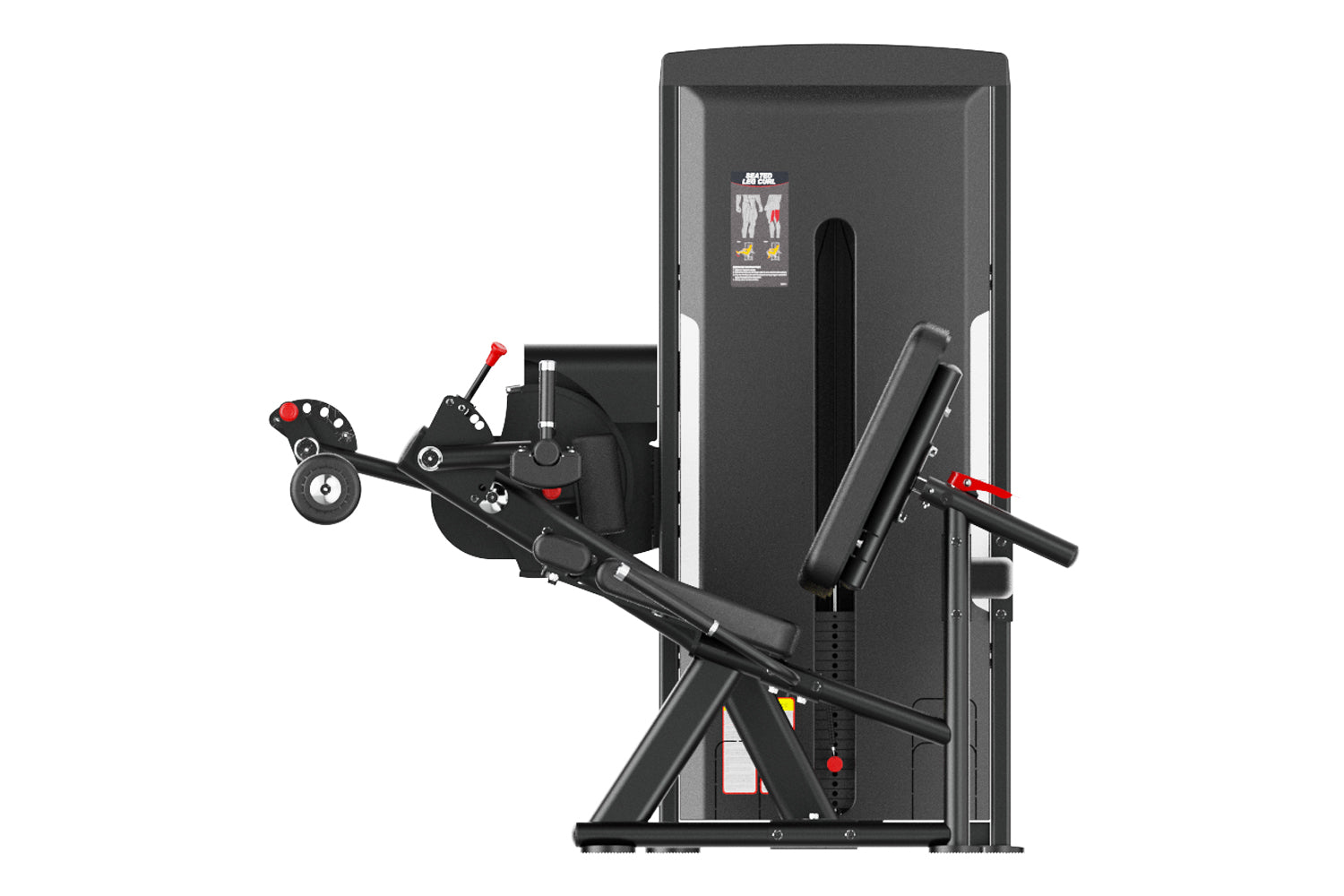 Black commercial leg curl machine with padded seat, footrest, and red accent handles on white background