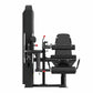 Black commercial leg curl and extension machine with padded seat, footrest, and weight stack on white background